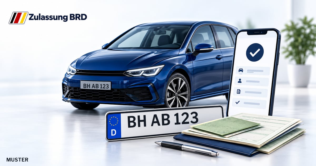 Online Fahrzeugzulassung in Ettenheim: Musterkennzeichen BH AB 123, Auto und Fahrzeugpapiere und Smartphone. Illustration mit Logo von Zulassung BRD.